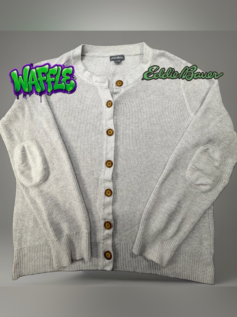 Eddie Bauer Sweater Womens XL Gray Waffle Knit Button Cardigan Elbow Patch